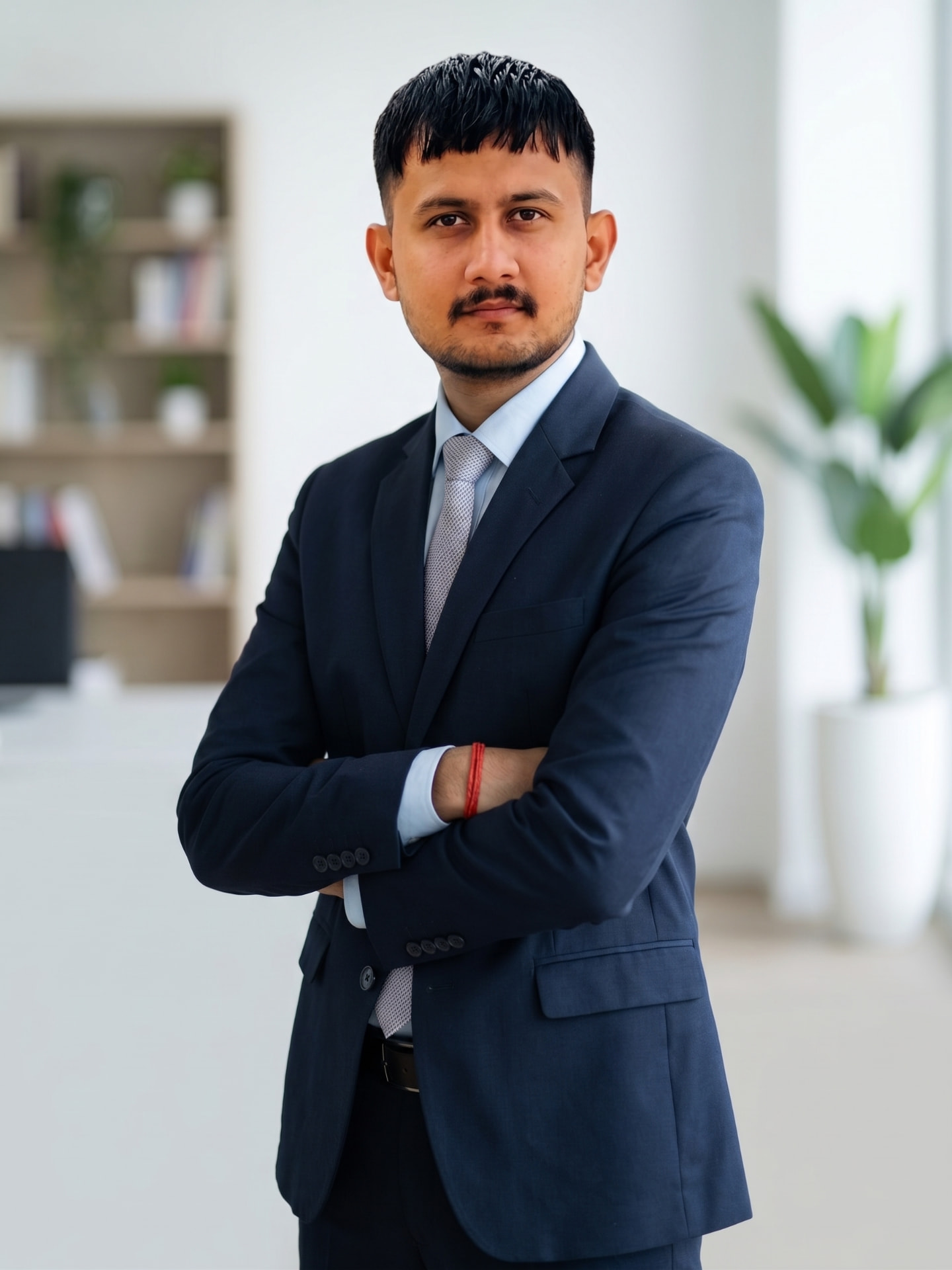 Aman Sharma in a navy business suit with arms crossed, standing in a bright office